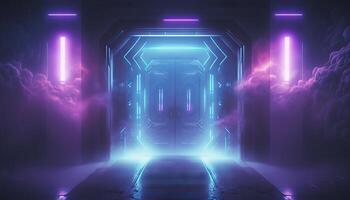 Fumo nebbia futuristico sala corridoio con neon laser guidato blu viola raggiante tunnel metallo riflessione. generativo ai foto