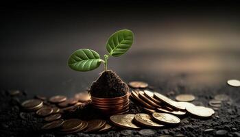 in crescita i soldi - pianta su monete - finanza e investimento concetto. generativo ai foto