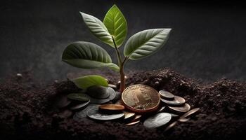 in crescita i soldi - pianta su monete - finanza e investimento concetto. generativo ai foto