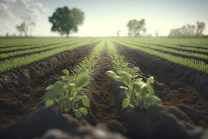 campo con giovane germogli di Mais. generativo ai. foto