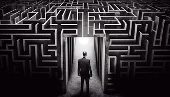 attività commerciale sfida - un' uomo d'affari a il Ingresso per un' labirinto. creato con generativo ai foto