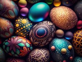 contento Pasqua sfondo concetto con colorato Pasqua uova piatto posare creato con generativo ai tecnologia foto