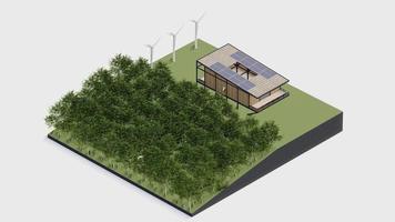 eco Casa isometrico natura sostenibile. verde isometrico casa ambiente solare cellula foresta con mulino a vento ecologia , 3d rendere illustrazione. isometrico architettura con albero, erba foglia, su isolato. foto