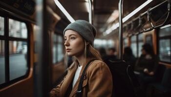 un' persona utilizzando pubblico mezzi di trasporto per opera, riducendo loro carbonio orma e promozione eco-friendly pendolarismo. generativo ai foto