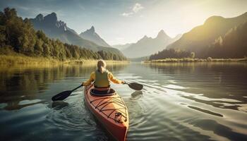 un' persona godendo un eco-friendly attività, come come kayak o escursionismo, con un' messa a fuoco su il importanza di preservare naturale habitat. generativo ai foto