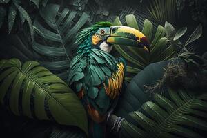 verde bellissimo pappagallo circondato di le foglie generativo ai foto
