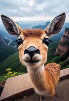 altamente definito macro fotografia autoscatto di un' carino cervo viso vicino su Immagine generativo ai foto