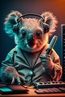 koala orso ritratto con cuffie e indossare t camicia generativo ai foto