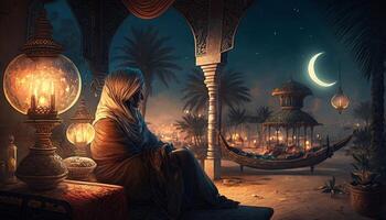Immagine di arabo notti con trimestre di Luna e luci generativo ai foto