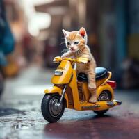 il il più piccolo gatto cavalcata su il motociclo generativo ai foto