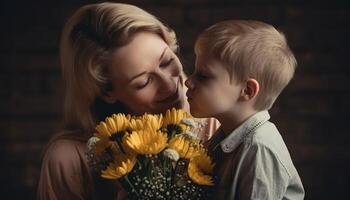 poco ragazzo Tenere fiori, abbracciare il suo madre e festeggiare La madre di giorno. generativo ai foto