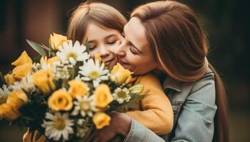 poco ragazza Tenere fiori, abbracciare sua madre e festeggiare La madre di giorno. generativo ai foto