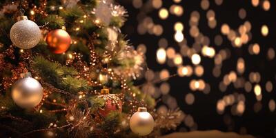 Natale fronzolo arredamento sospeso su il Natale albero con scintillante leggero macchiare. generativo ai. foto