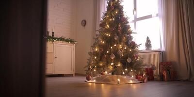 Natale fronzolo arredamento sospeso su il Natale albero con scintillante leggero macchiare. generativo ai. foto