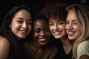 multirazziale donne in piedi insieme e sorridente a telecamera. generativo ai foto