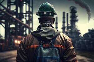 indietro Visualizza di industriale lavoratore indossare protettivo uniforme e sicurezza casco. generativo ai foto