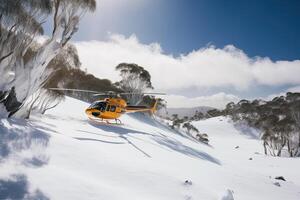 ricerca operazione nel montagne. medico salvare elicottero nel nevoso montagne. generativo ai foto