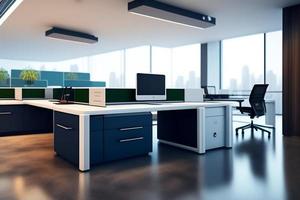 interno di moderno ufficio con bianca e blu muri, calcestruzzo pavimento, righe di computer tavoli e nero sedie. 3d interpretazione foto