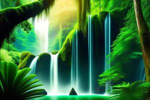 cascata nel verde foresta - 3d interpretazione per sfondo o sfondo foto