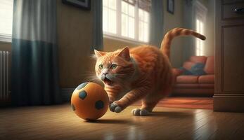 il Zenzero gatto è giocando palla nel il vivente camera ai generativo foto