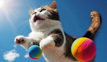 gatto salto giocando palla nel il blu cielo durante il giorno ai generativo foto
