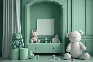 verde scandinavo interno bambini' Camera da letto con giocattoli un bambole ai generato foto