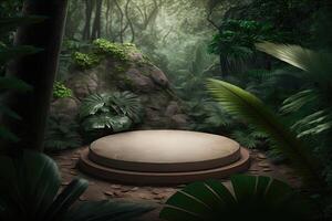 piatto cerchio il giro podio piattaforma Prodotto Schermo presentazione tropicale natura foresta fatto con generativo ai foto