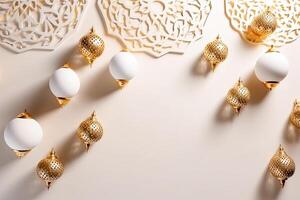 islamico lanterna d'oro e bianca lusso brillante ornamento Ramadan kareem celebrazione sfondo ai generato foto