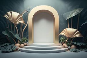 il giro vuoto podio piattaforma Prodotto Schermo lusso oro bianca tropicale minimalista fatto con generativo ai foto
