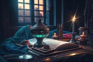 Ramadan moschea illustrazione lanterna leggero candela buio cinematico sfondo ai generato foto