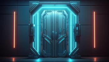 scienza finzione futuristico moderno cancello porta con neon leggero foto