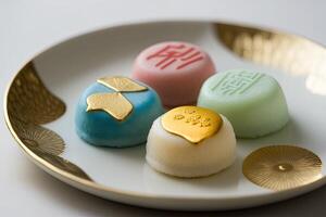 wagashi giapponese bellissimo tradizionale merenda dolce torta fatto con generativo ai foto