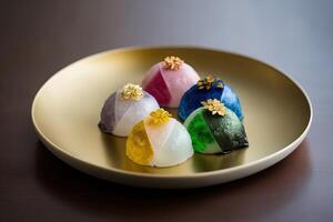 wagashi giapponese bellissimo tradizionale merenda dolce torta fatto con generativo ai foto