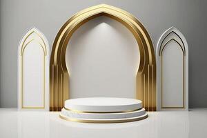 lusso islamico Ramadan podio palcoscenico Prodotto Schermo oro e bianca ai generato foto