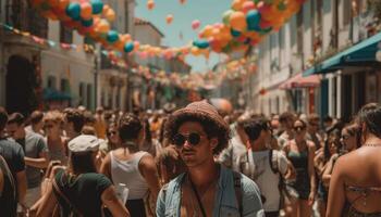 qualcuno godendo un' estate Festival con folle di persone e colorato decorazioni. generativo ai foto