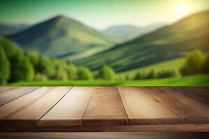 vuoto di legno tavolo superiore sfocato verde montagna Visualizza sfondo fatto con generativo ai foto