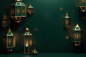 islamico lanterna d'oro e verde lusso ornamento Ramadan kareem celebrazione ai generato foto