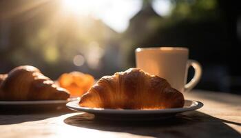 brioche e caffè su il tavolo. soleggiato mattina, strada Visualizza nel il sfondo. generativo ai foto