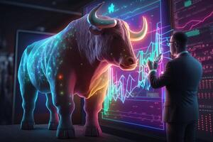 Toro rialzista divergenza nel azione mercato e crypto moneta con colorato grafico. creato generativo ai foto