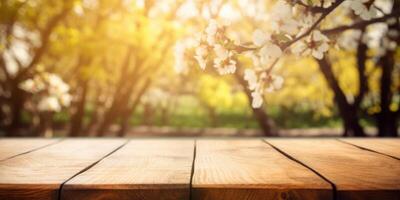 vuoto di legno tavolo nel primavera giardino sfocato sfondo, gratuito spazio per Prodotto Schermo. generativo ai foto