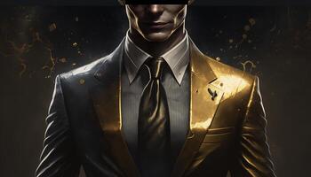 un' avvicinamento silhouette di un' ricco uomo d'affari nel nero e oro completo da uomo. generativo ai foto
