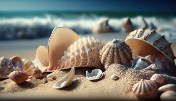 conchiglie su sabbioso spiaggia. generativo ai foto