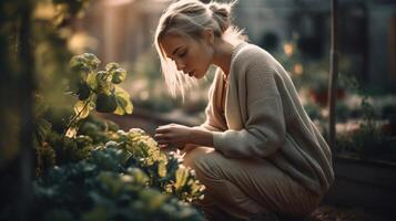 bellissimo donna coltiva sua proprio fresco, biologico verdure nel un' piccolo giardino. generativo ai foto