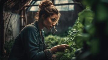 bellissimo donna coltiva sua proprio fresco, biologico verdure nel un' piccolo giardino. generativo ai foto