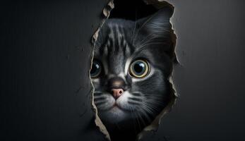 un' sorpreso gatto nel un parete buco. generativo ai foto