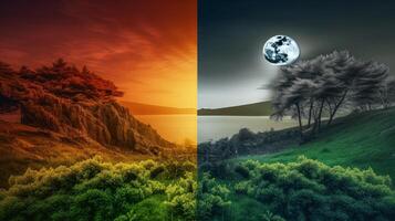 giorno vs notte. naturale sfondo. illustrazione ai generativo foto