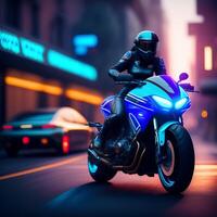 foto bellissimo cyberpunk ragazza equitazione un' futuristico motocicletta nel un' futuristico città generativo ai generativo ai