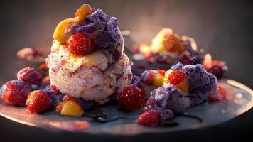 appetitoso dolce con ghiaccio crema con frutta e frutti di bosco. 3d illustrazione. foto