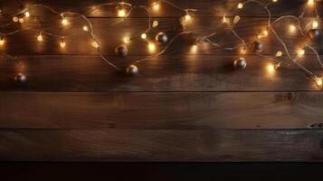 buio di legno sfondo con Natale luci. illustrazione ai generativo foto