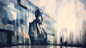 moderno ufficio edificio con uomo silhouette pittura nel cubismo stile, illustrazione ai generativo foto